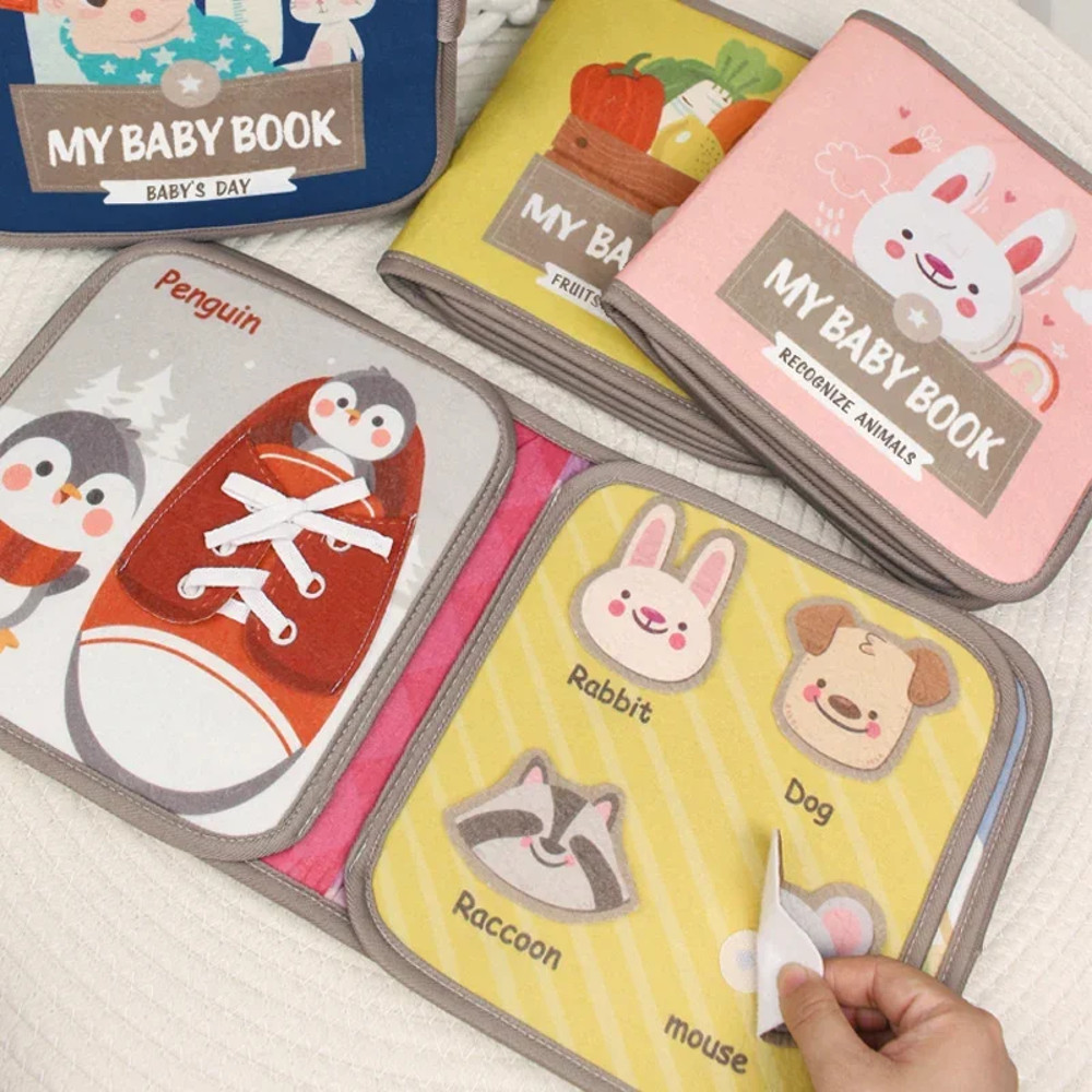 Baby Montessori Busy Book, Early Education Cloth Books with Animal Puzzle Toy, Sensory Fabric Book & Repeated Paste