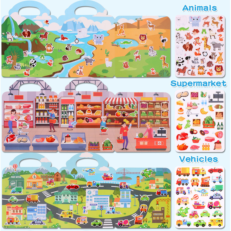Kids Reusable DIY Sticker Books, Multi-Scene Jelly Sticker Set, Montessori Learning Toy & Creative Gift for Children