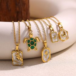 elegant charm drip oil rose flower pendant necklace for women, gold color stainless steel clavicle fish tail chain