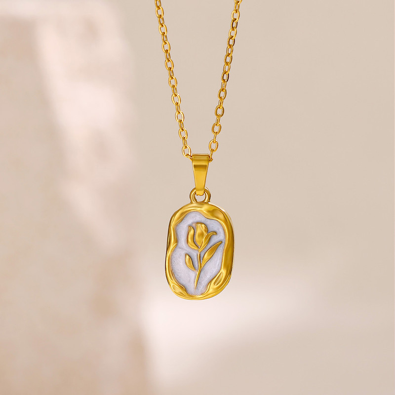 Elegant Charm Drip Oil Rose Flower Pendant Necklace for Women, Gold Color Stainless Steel Clavicle Fish Tail Chain