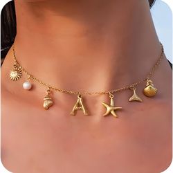 mhs.sun starfish shell initial necklace, waterproof 18k gold plated stainless steel surfer girl charm necklace perfect