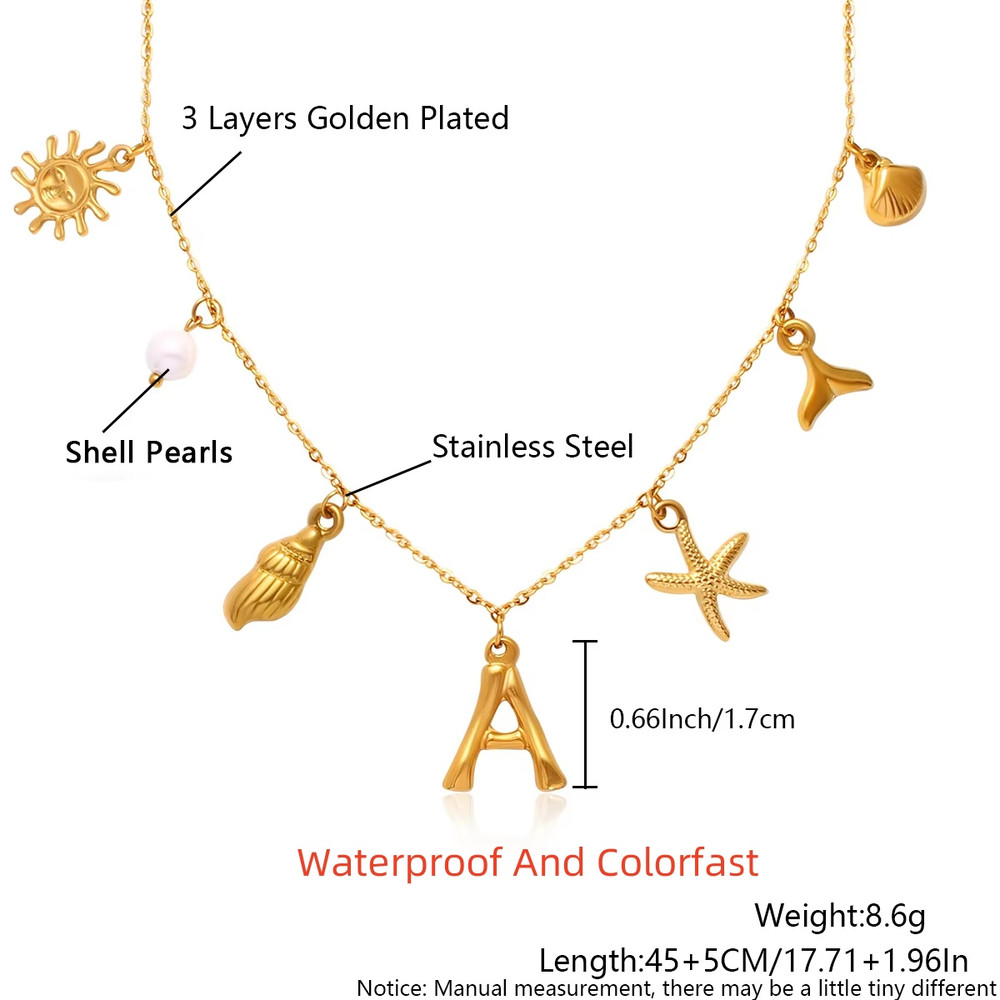 MHS.SUN Starfish Shell Initial Necklace, Waterproof 18K Gold Plated Stainless Steel Surfer Girl Charm Necklace Perfect