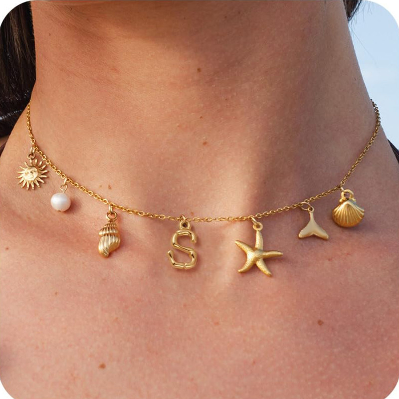 MHS.SUN Starfish Shell Initial Necklace, Waterproof 18K Gold Plated Stainless Steel Surfer Girl Charm Necklace Perfect