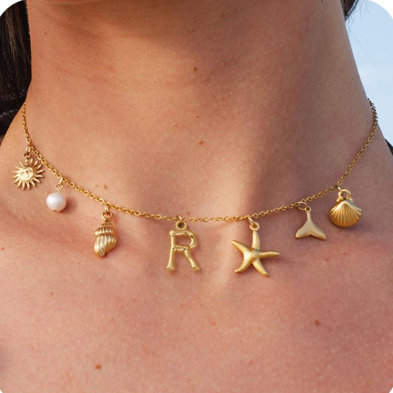 MHS.SUN Starfish Shell Initial Necklace, Waterproof 18K Gold Plated Stainless Steel Surfer Girl Charm Necklace Perfect