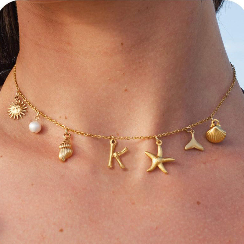 MHS.SUN Starfish Shell Initial Necklace, Waterproof 18K Gold Plated Stainless Steel Surfer Girl Charm Necklace Perfect