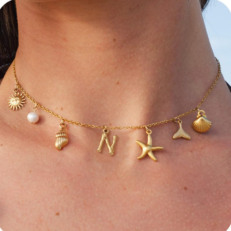 MHS.SUN Starfish Shell Initial Necklace, Waterproof 18K Gold Plated Stainless Steel Surfer Girl Charm Necklace Perfect
