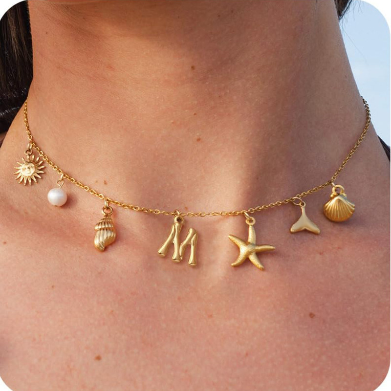 MHS.SUN Starfish Shell Initial Necklace, Waterproof 18K Gold Plated Stainless Steel Surfer Girl Charm Necklace Perfect