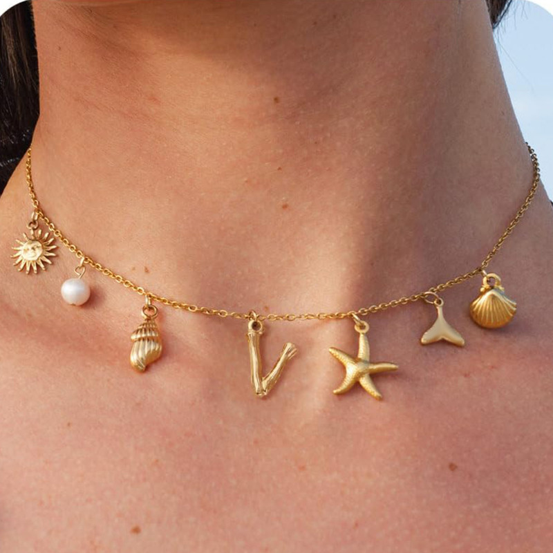 MHS.SUN Starfish Shell Initial Necklace, Waterproof 18K Gold Plated Stainless Steel Surfer Girl Charm Necklace Perfect