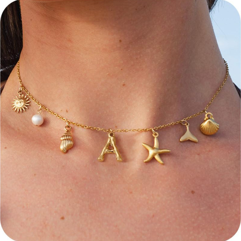 MHS.SUN Starfish Shell Initial Necklace, Waterproof 18K Gold Plated Stainless Steel Surfer Girl Charm Necklace Perfect