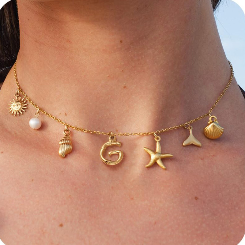 MHS.SUN Starfish Shell Initial Necklace, Waterproof 18K Gold Plated Stainless Steel Surfer Girl Charm Necklace Perfect
