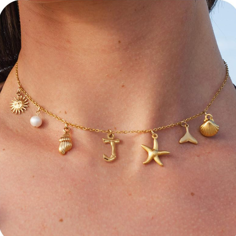 MHS.SUN Starfish Shell Initial Necklace, Waterproof 18K Gold Plated Stainless Steel Surfer Girl Charm Necklace Perfect