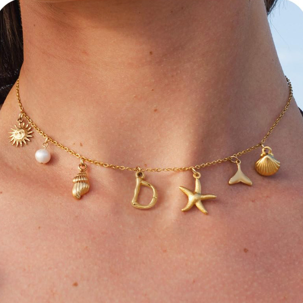 MHS.SUN Starfish Shell Initial Necklace, Waterproof 18K Gold Plated Stainless Steel Surfer Girl Charm Necklace Perfect