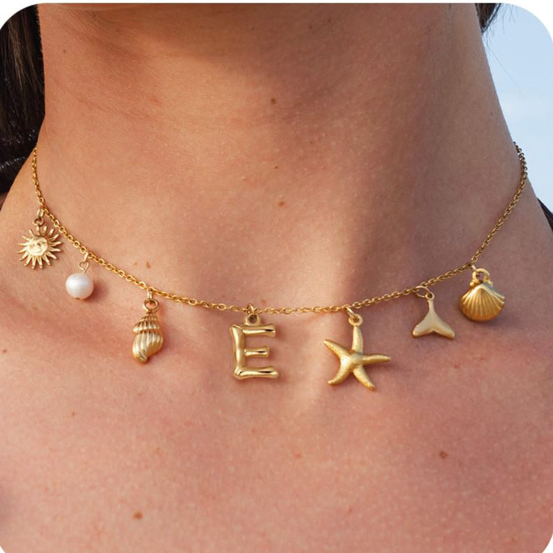 MHS.SUN Starfish Shell Initial Necklace, Waterproof 18K Gold Plated Stainless Steel Surfer Girl Charm Necklace Perfect