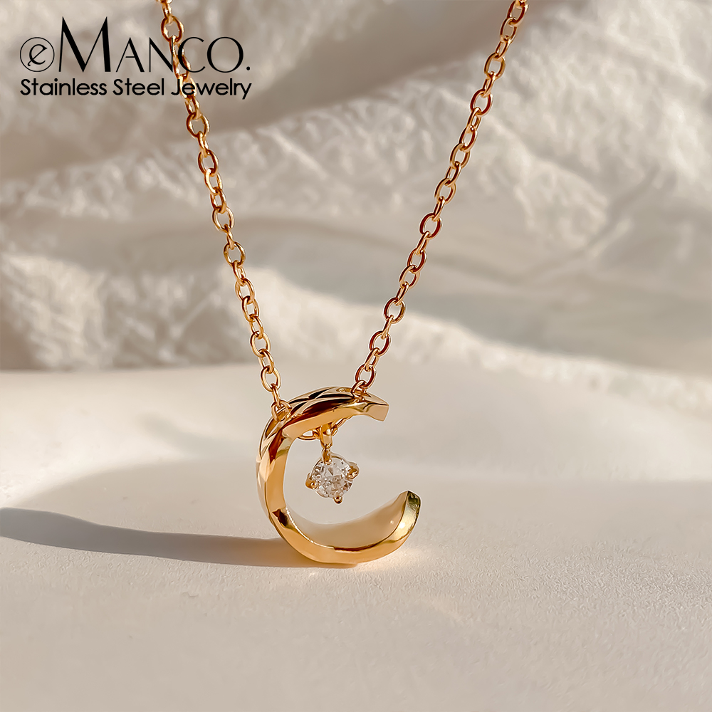 Valentines Day Jewelry Gift, eManco Romantic Metallic Moon Pendant Necklace with Rhinestones for Women