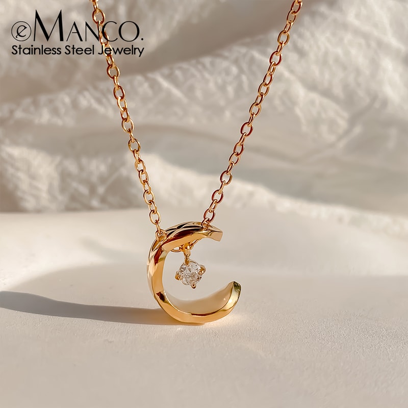 Valentines Day Jewelry Gift, eManco Romantic Metallic Moon Pendant Necklace with Rhinestones for Women