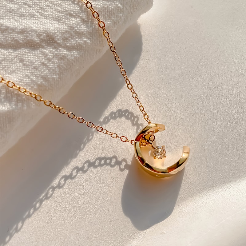 Valentines Day Jewelry Gift, eManco Romantic Metallic Moon Pendant Necklace with Rhinestones for Women