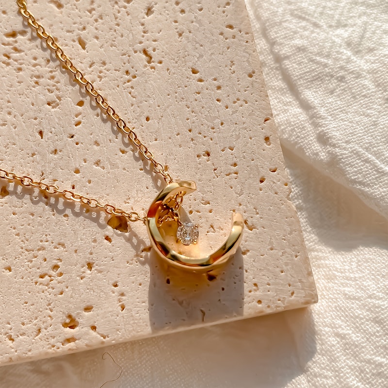 Valentines Day Jewelry Gift, eManco Romantic Metallic Moon Pendant Necklace with Rhinestones for Women