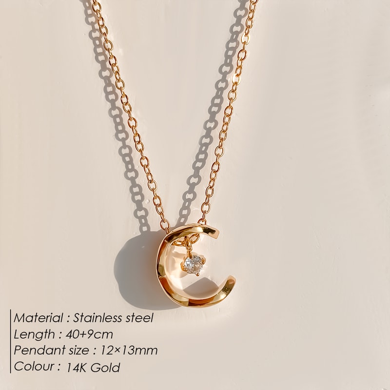 Valentines Day Jewelry Gift, eManco Romantic Metallic Moon Pendant Necklace with Rhinestones for Women