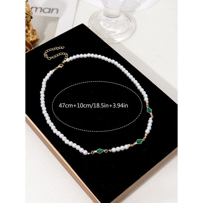 Vintage Charm Green Zircon Inlaid Imitation Pearl Necklace, Mens Casual Jewelry for Stylish Elegance