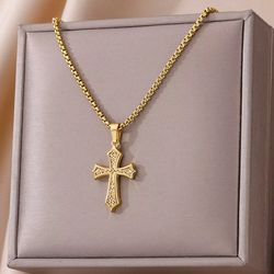 stainless steel cross necklace for women, men, gold color religious charm choker, unisex jewelry gift, bijoux femme