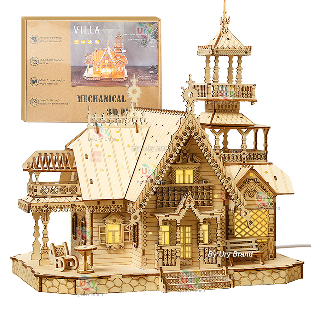 3D Wooden Puzzle Villa House Royal Castle with LED Lights, DIY Model Kit for Kids & Adults, Creative Desk Decoration
