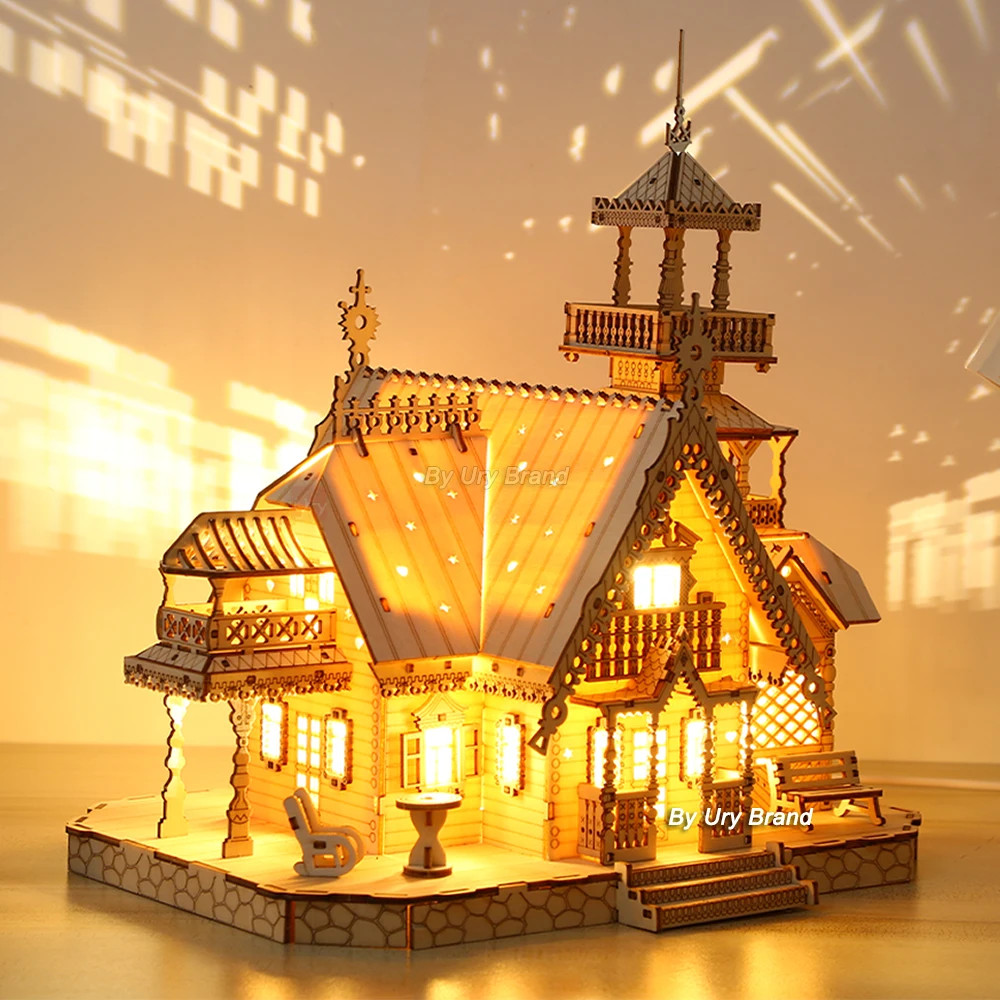 3D Wooden Puzzle Villa House Royal Castle with LED Lights, DIY Model Kit for Kids & Adults, Creative Desk Decoration