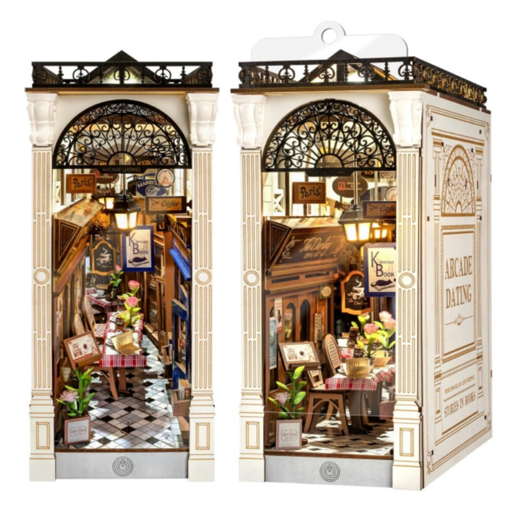 Robotime Arcade Dating Booknook with Dust Cover, DIY Miniature Dollhouse Kit, 3D Wooden Puzzle Bookend & Bookshelf Decor