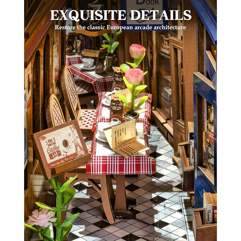 Robotime Arcade Dating Booknook with Dust Cover, DIY Miniature Dollhouse Kit, 3D Wooden Puzzle Bookend & Bookshelf Decor