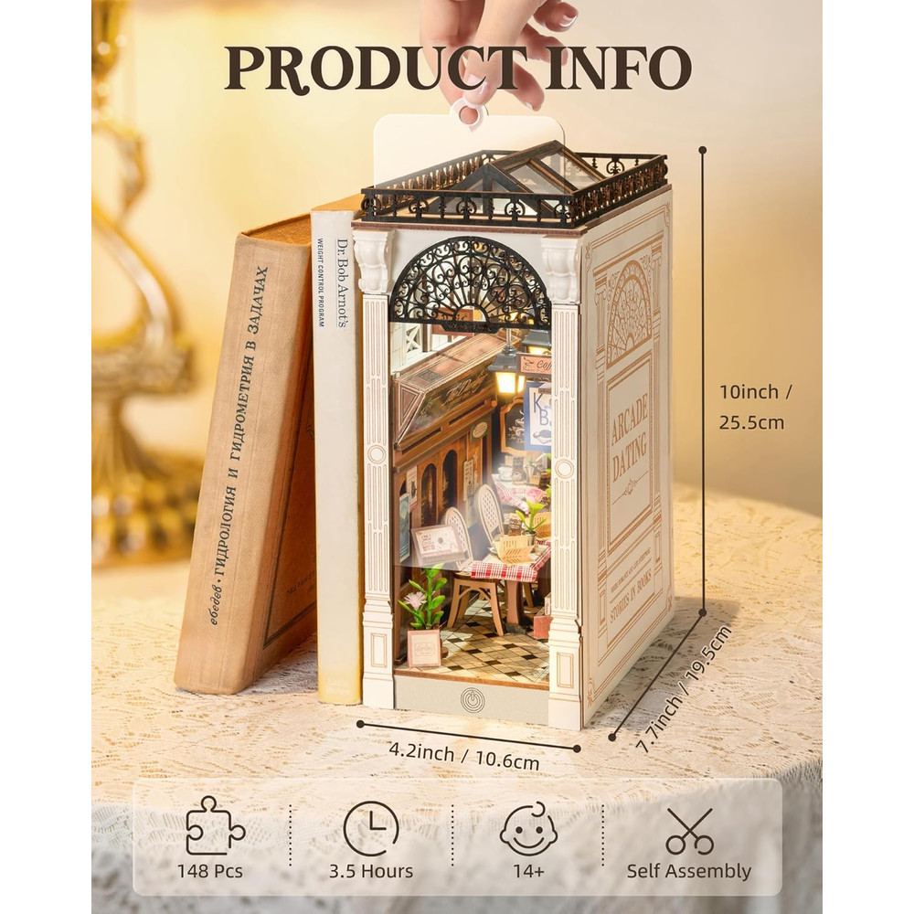 Robotime Arcade Dating Booknook with Dust Cover, DIY Miniature Dollhouse Kit, 3D Wooden Puzzle Bookend & Bookshelf Decor