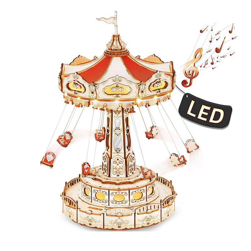 Robotime ROKR Swing Ride, Childrens 3D Wooden Puzzle Magic Amusement Park Music Box with Lights & Sound, Easy Assemble
