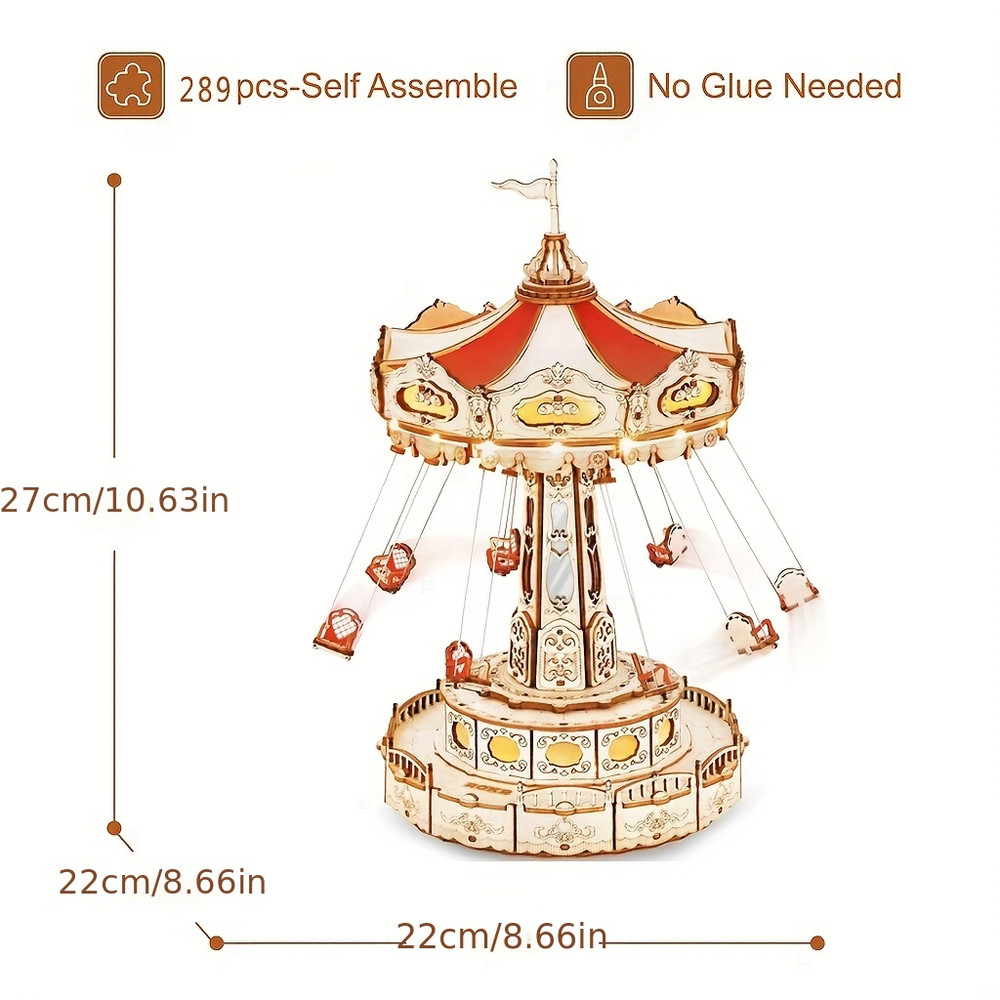 Robotime ROKR Swing Ride, Childrens 3D Wooden Puzzle Magic Amusement Park Music Box with Lights & Sound, Easy Assemble