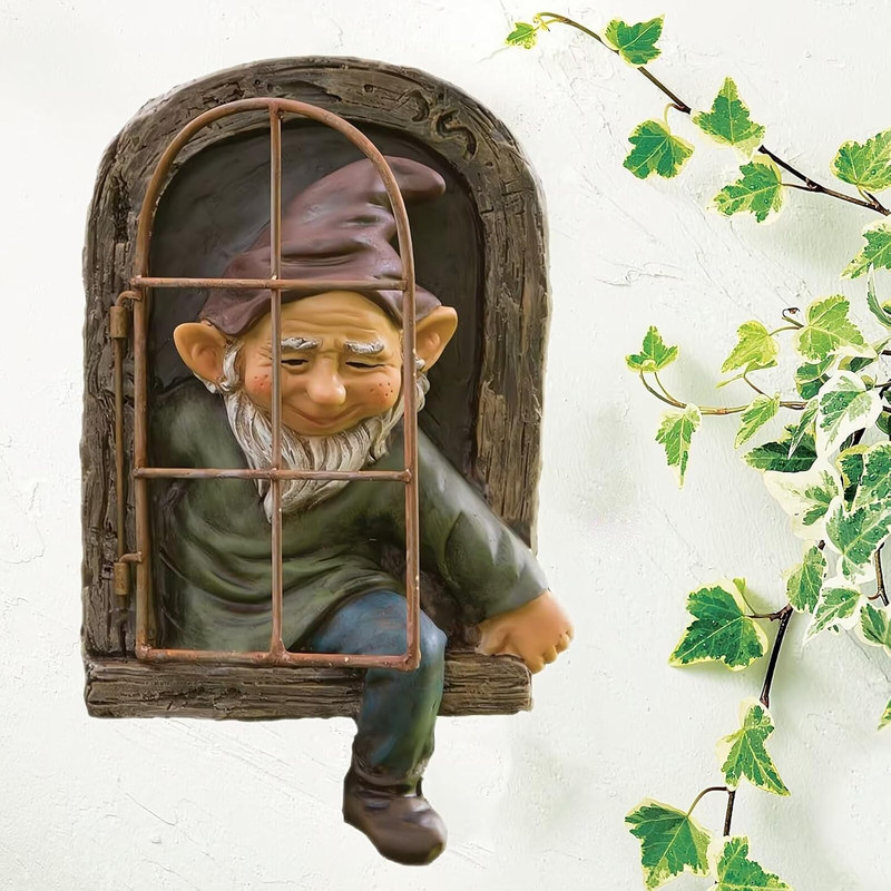 Elf Out The Door, Window Tree Hugger Naughty Garden Gnome Statue Whimsical Outdoor & Indoor Tree Decor