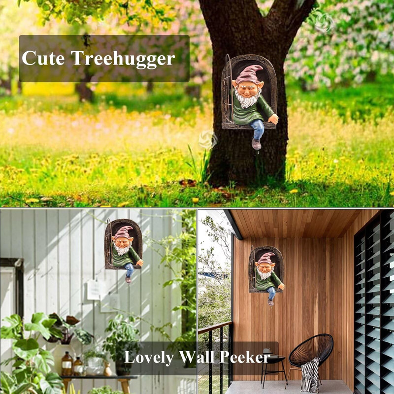 Elf Out The Door, Window Tree Hugger Naughty Garden Gnome Statue Whimsical Outdoor & Indoor Tree Decor
