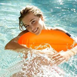 inflatable open swimming buoy tow float dry bag, double air bag with waist belt for water sports & safe swimming