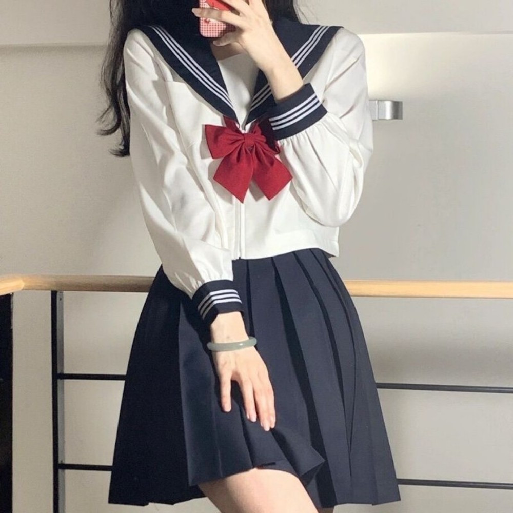 School Uniform for Women, JK Sailor Suit with Red Tie, Long Sleeve Sailor Uniform, Sexy Cosplay Costume, Spring