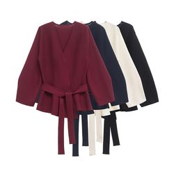 trafshe women's knit blazer with belt, retro v-neck long sleeve coat with shoulder pads, versatile spring and fall jacke