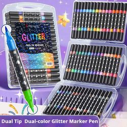 dual tip acrylic paint markers, color set, fine tip metallic glitter pens for rock painting, stone, crafts