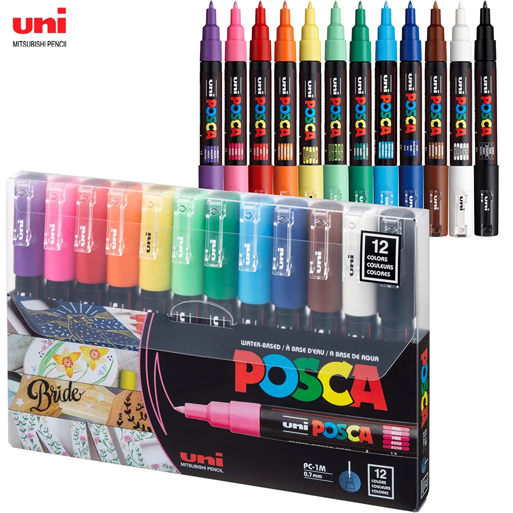 12 Color Set Uni Posca Markers PC-1M Extra Fine 0.7mm Paint Marker Pens Manga Ceramic Glass Graffiti Wood Fabric Metal