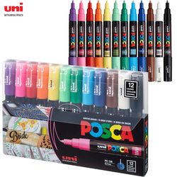 12 color set uni posca markers pc-1m extra fine 0.7mm paint marker pens manga ceramic glass graffiti wood fabric metal