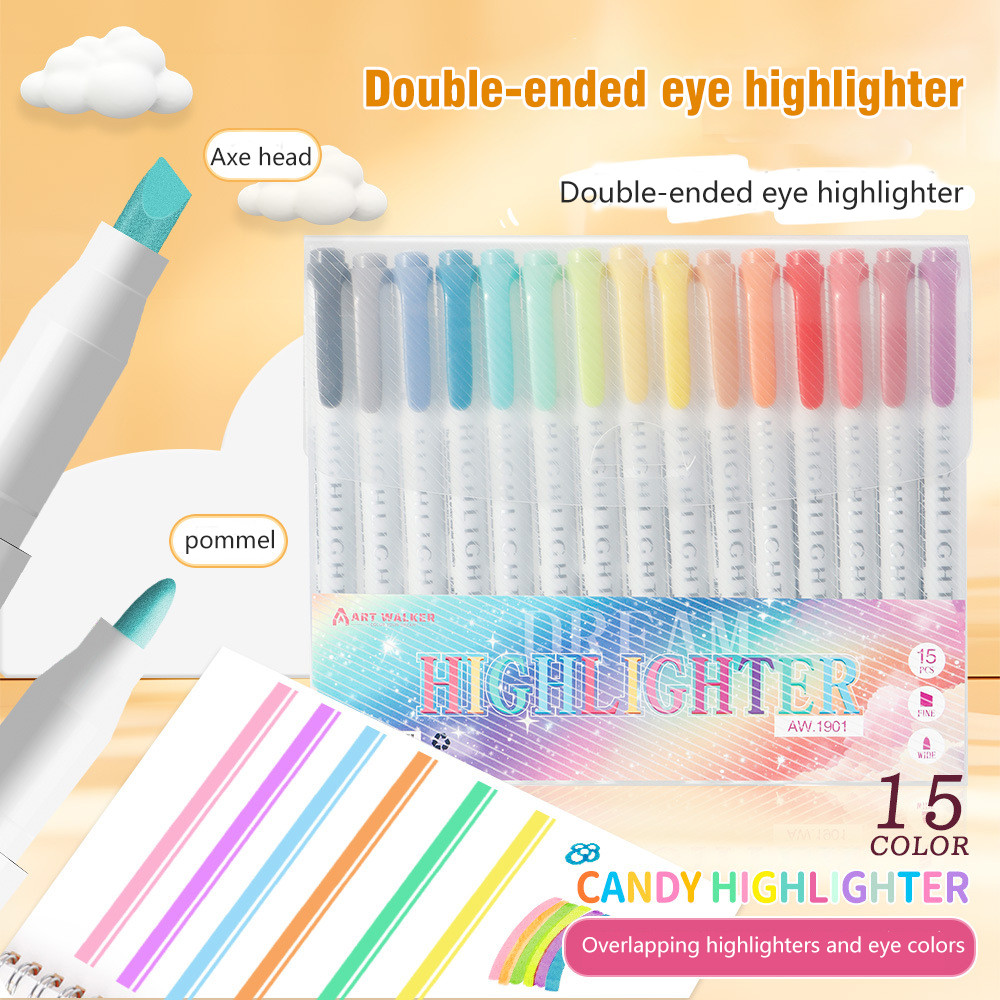 15 Color Double Ended Highlighter Set, Pastel & Fluo Drawing Pens, Dual Tip Highlighters for Journaling, Art, School