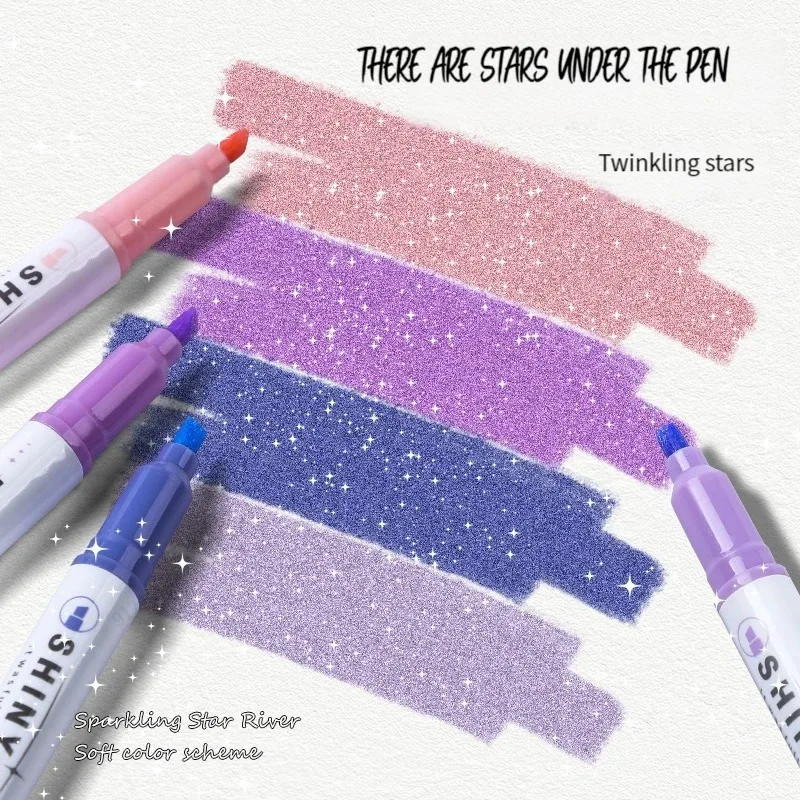 Kawaii Glitter Highlighter Pens, 4 Color Set, Pastel Fine Tip Markers for School Supplies, Scrapbooking, Journaling