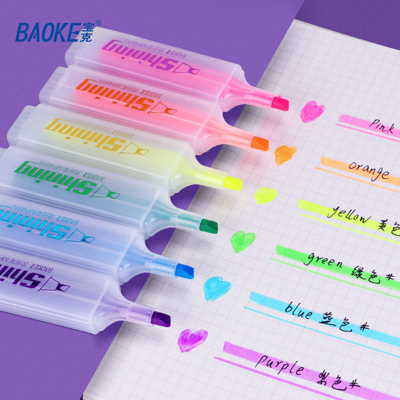 BAOKE MP4910 6 Color Highlighters, Chisel Tip, Quick Dry Fluorescent Ink, Note Taking, Studying, School Office Supplies