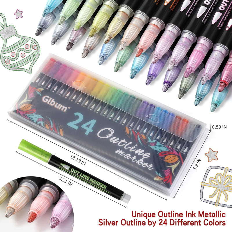 Metallic Highlighter Pens, 12 48 Colors Magic Glitter Drawing Markers, Quick Drying Water Based, Double Line Outline
