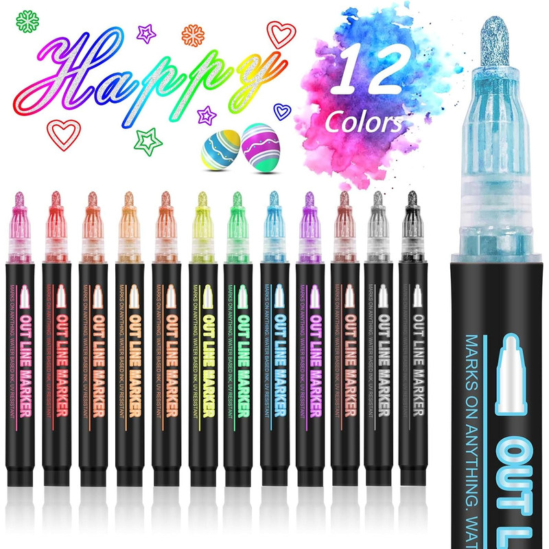Metallic Highlighter Pens, 12 48 Colors Magic Glitter Drawing Markers, Quick Drying Water Based, Double Line Outline
