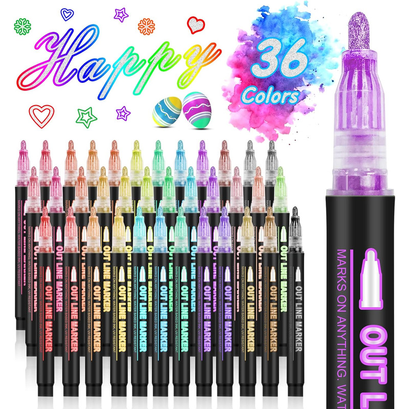 Metallic Highlighter Pens, 12 48 Colors Magic Glitter Drawing Markers, Quick Drying Water Based, Double Line Outline