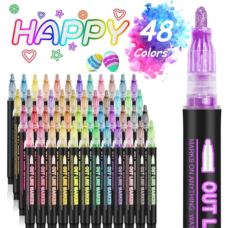Metallic Highlighter Pens, 12 48 Colors Magic Glitter Drawing Markers, Quick Drying Water Based, Double Line Outline
