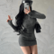 WOMENGAGA Sexy Hollow Out Dress, Long Sleeve Bodycon, Zipper Detail Knitted Sweater Dress, Elegant Korean Fashion