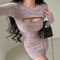 WOMENGAGA Sexy Hollow Out Dress, Long Sleeve Bodycon, Zipper Detail Knitted Sweater Dress, Elegant Korean Fashion