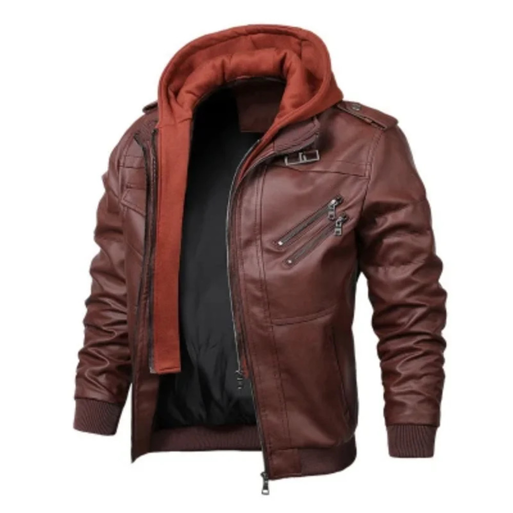Mens Vintage Faux Leather Motorcycle Jacket, with Removable Hood, Camouflage Lining, Windproof Bomber Coat, Casual Styl