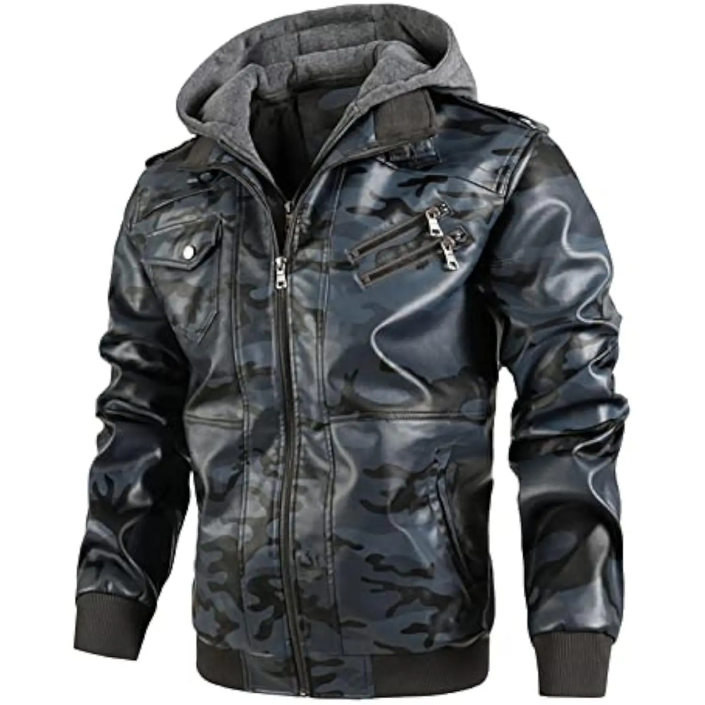 Mens Vintage Faux Leather Motorcycle Jacket, with Removable Hood, Camouflage Lining, Windproof Bomber Coat, Casual Styl